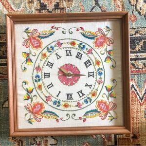 Vintage Floral Crewel Embroidered Wall Clock Cottagecore Handmade